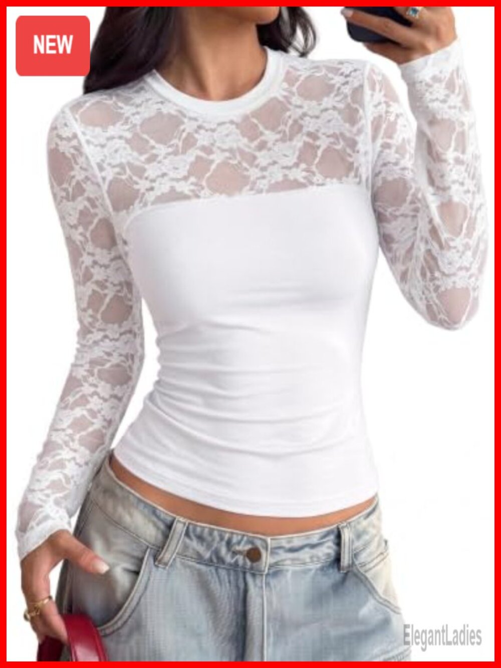 Womens Mesh Sheer Lace Long Sleeve Top Keyhole Back Blouse